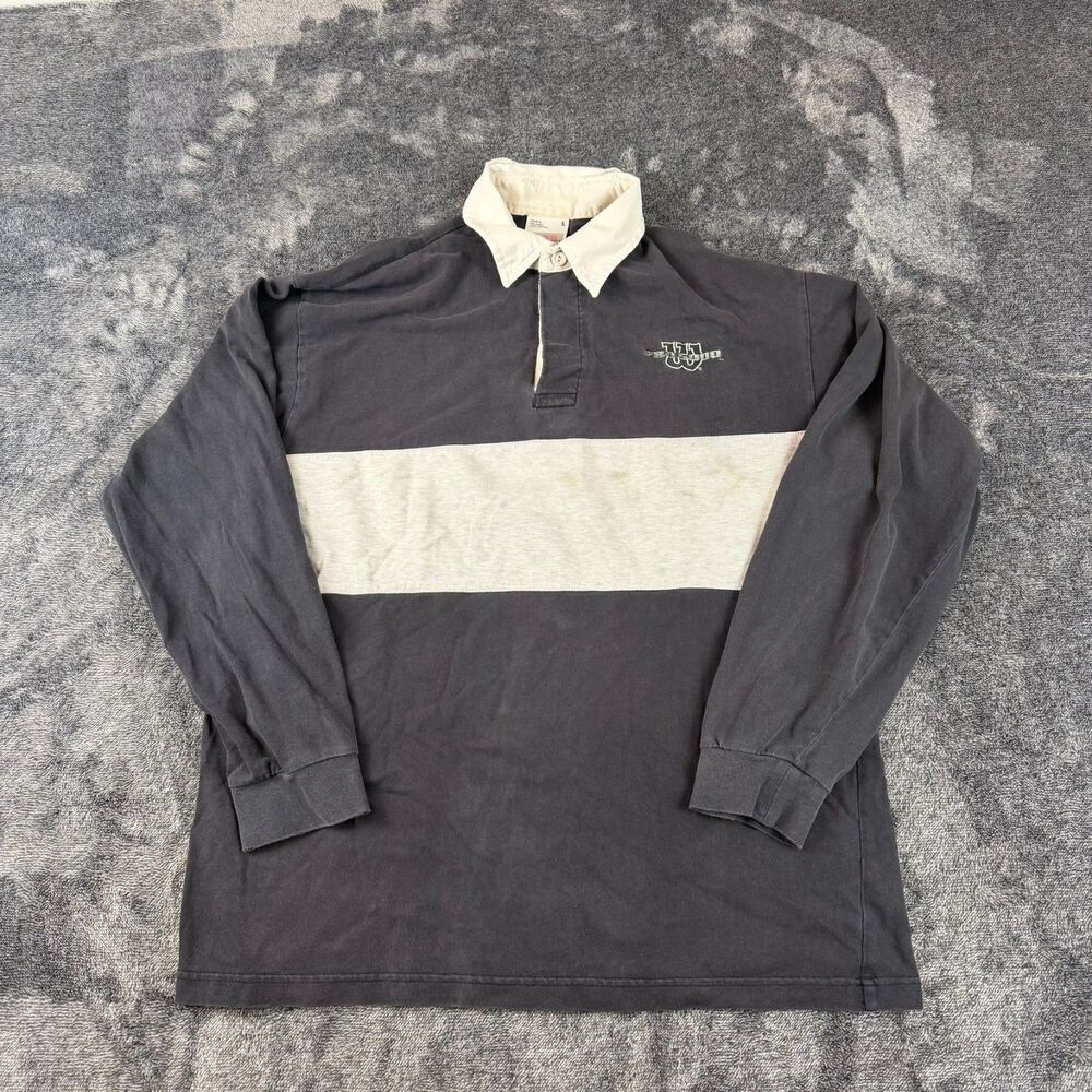 Vtg Wilson Tennis Rugby Polo Long Sleeve Cotton Striped Black Gray Men's L